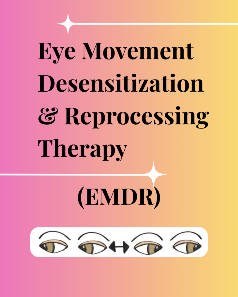 Poster promoting Eye Movement Desensitization and Reprocessing Therapy (EMDR) on a pink-to-yellow gradient background with decorative stars and an eye strip.