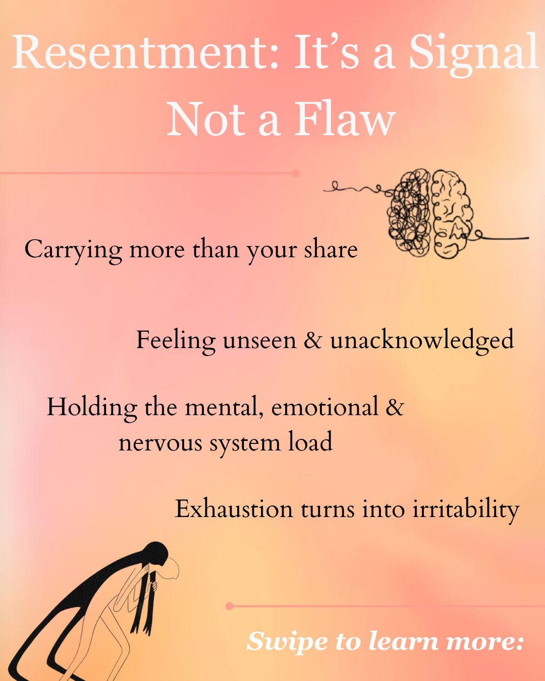 Poster explaining that resentment is a signal, not a flaw, with a brain sketch and a bowed figure against a peach gradient background.
