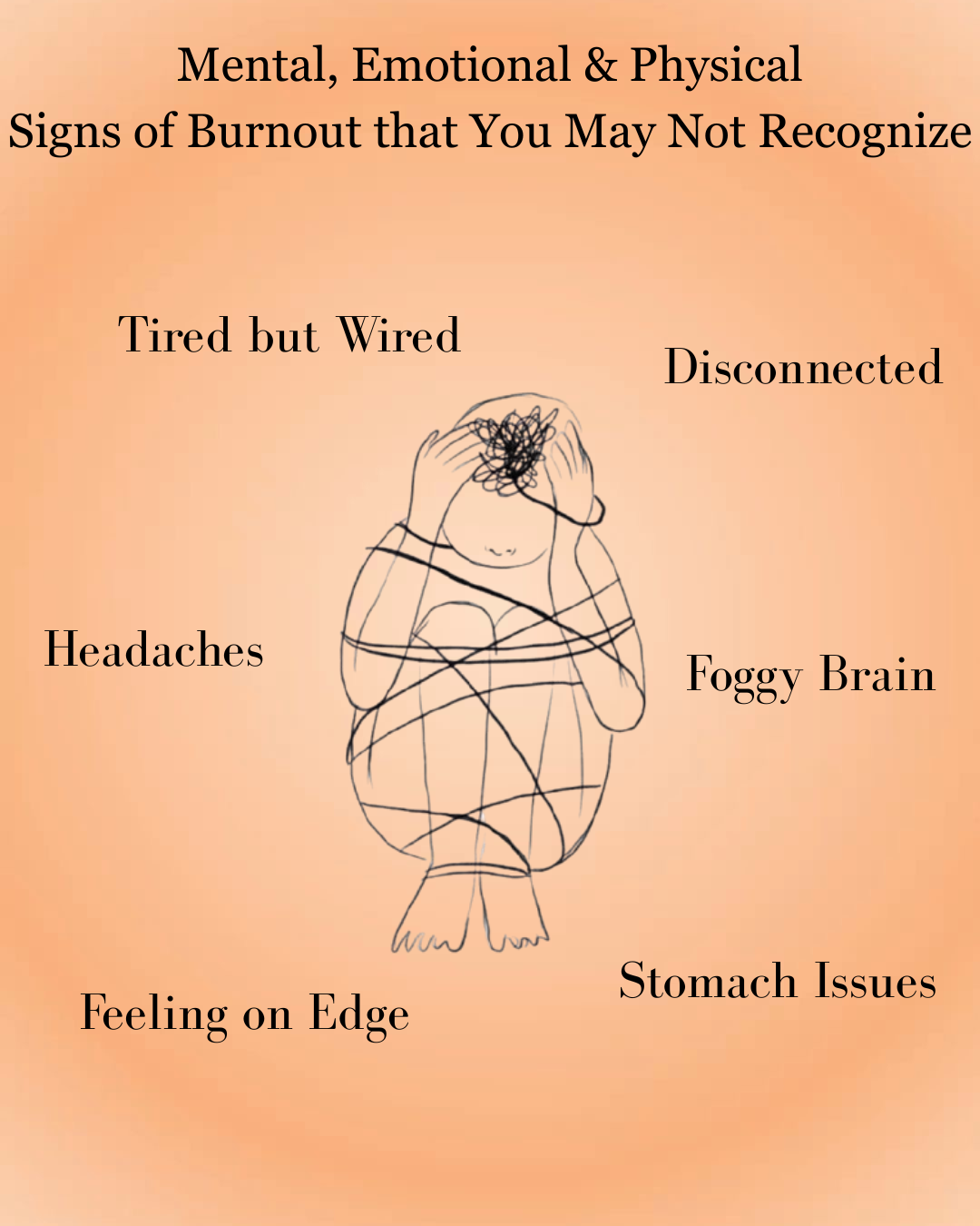 Tangled figure representing burnout symptoms, with labels like headaches, foggy brain, fatigue, and stomach issues around a peach background.