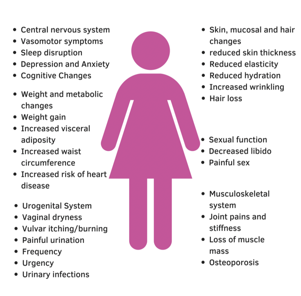 Bullet lists of menopause symptoms around a pink female silhouette (mood, sleep, vaginal dryness, etc.).