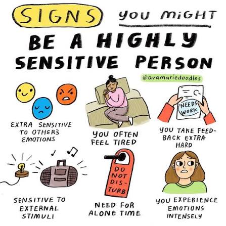 Infographic: Signs you might be a highly sensitive person—empathic to others, easily tired, take feedback hard, sensitive to stimuli, need alone time, emotions intense.